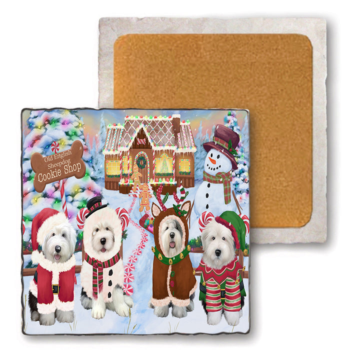 Holiday Gingerbread Cookie Shop Old English Sheepdogs Set of 4 Natural Stone Marble Tile Coasters MCST51506