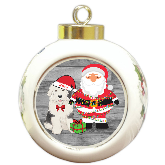Custom Personalized Old English Sheepdog With Santa Wrapped in Light Christmas Round Ball Ornament