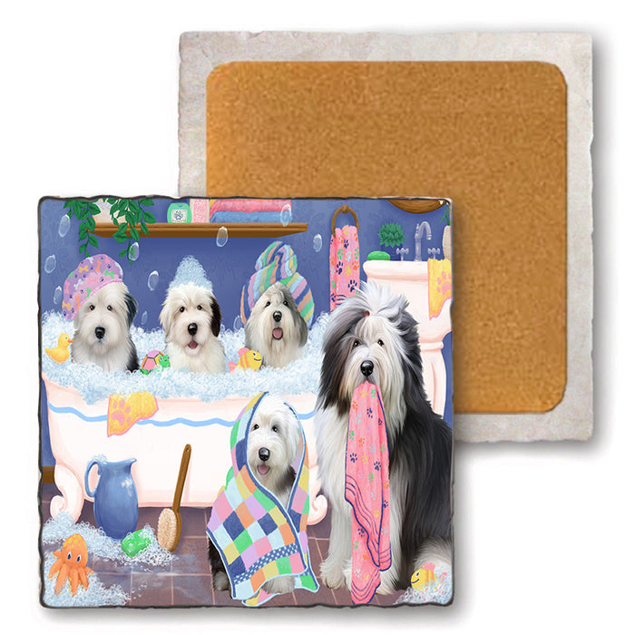 Rub A Dub Dogs In A Tub Old English Sheepdogs Set of 4 Natural Stone Marble Tile Coasters MCST51805
