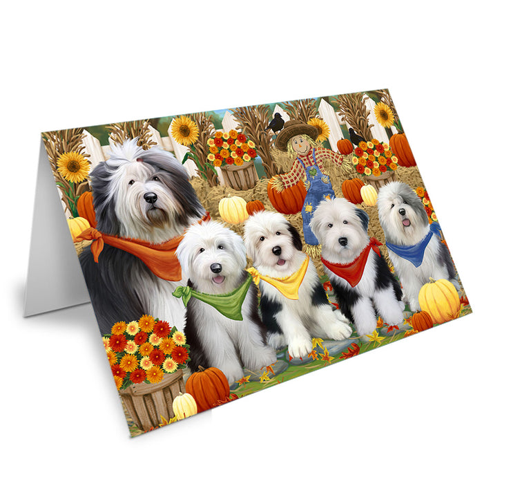 Fall Festive Gathering Old English Sheepdogs with Pumpkins Handmade Artwork Assorted Pets Greeting Cards and Note Cards with Envelopes for All Occasions and Holiday Seasons GCD55988