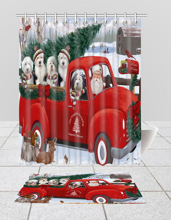 Christmas Santa Express Delivery Red Truck Old English SheepDogs Bath Mat and Shower Curtain Combo