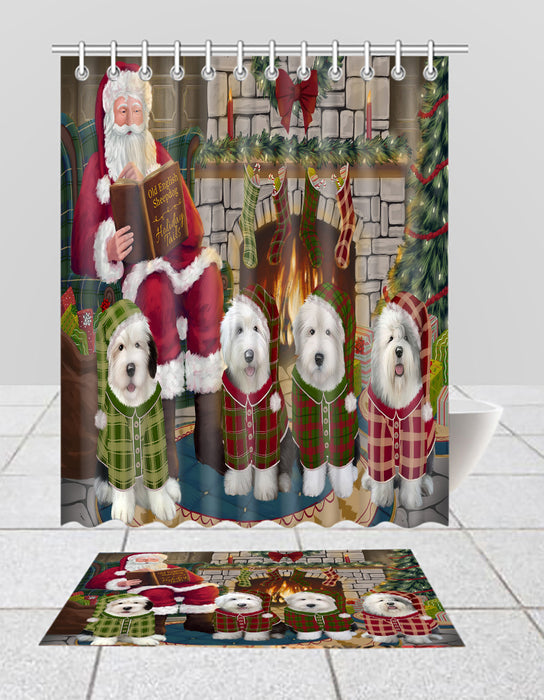 Christmas Cozy Holiday Fire Tails Old English SheepDogs Bath Mat and Shower Curtain Combo