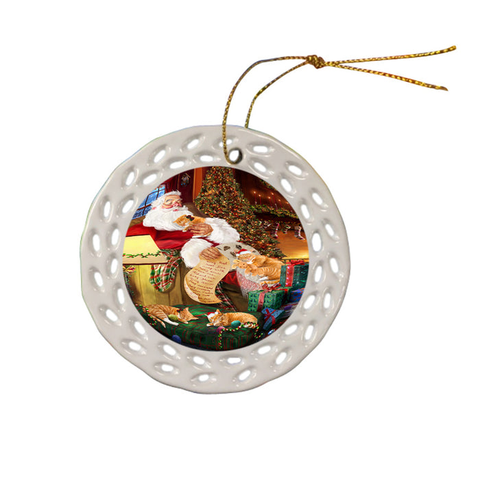 Santa Sleeping with Orange Tabby Cats Christmas Ceramic Doily Ornament DPOR52819