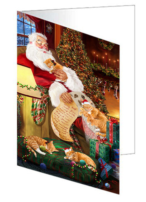 Santa Sleeping with Orange Tabby Cats Christmas Handmade Artwork Assorted Pets Greeting Cards and Note Cards with Envelopes for All Occasions and Holiday Seasons GCD62486