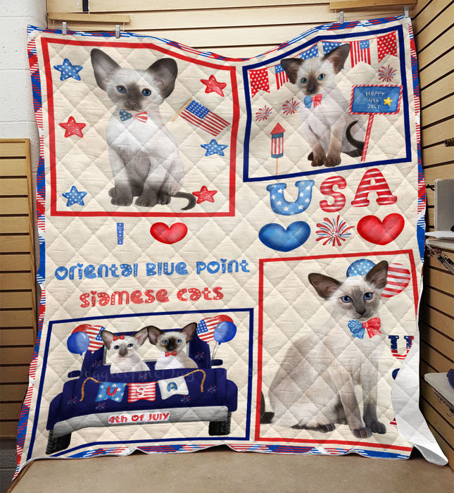 4th of July Independence Day I Love USA Oriental Blue Point Siamese Cats Quilt Bed Coverlet Bedspread - Pets Comforter Unique One-side Animal Printing - Soft Lightweight Durable Washable Polyester Quilt