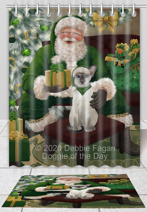 Christmas Irish Santa with Gift Oriental Blue-Point Siamese Cat Bath Mat and Shower Curtain Combo