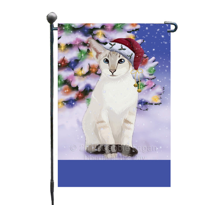 Personalized Winterland Wonderland Oriental Blue Point Siamese Cat In Christmas Holiday Scenic Background Custom Garden Flags GFLG-DOTD-A61354