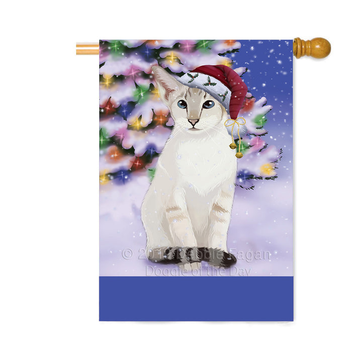 Personalized Winterland Wonderland Oriental Blue Point Siamese Cat In Christmas Holiday Scenic Background Custom House Flag FLG-DOTD-A61410