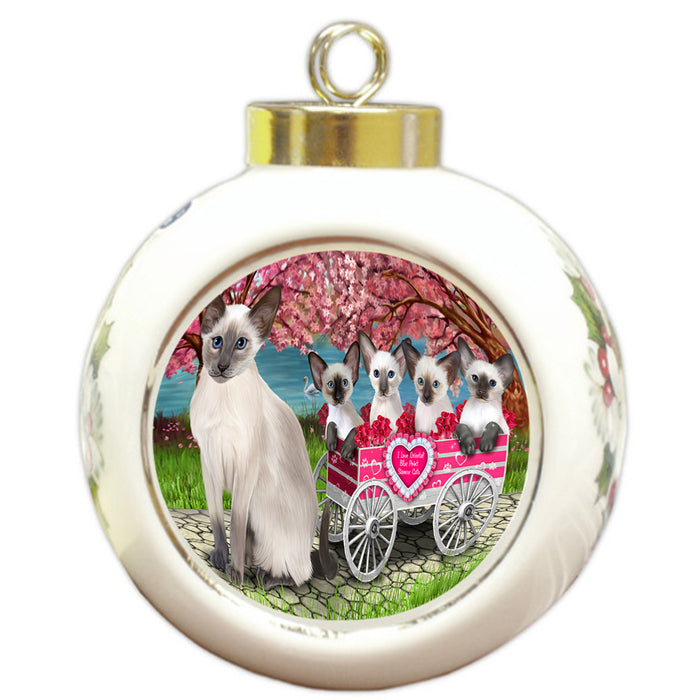 I Love Oriental Blue Point Siamese Cats in a Cart Round Ball Christmas Ornament RBPOR58247