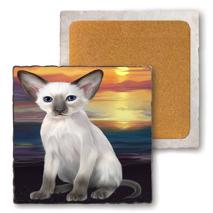 Sunset Oriental Blue Point Siamese Cat Dog Set of 4 Natural Stone Marble Tile Coasters MCST52169