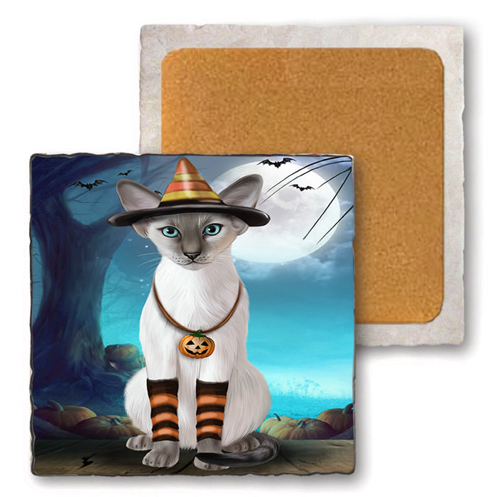 Happy Halloween Trick or Treat Oriental Blue Point Siamese Cat Set of 4 Natural Stone Marble Tile Coasters MCST49517