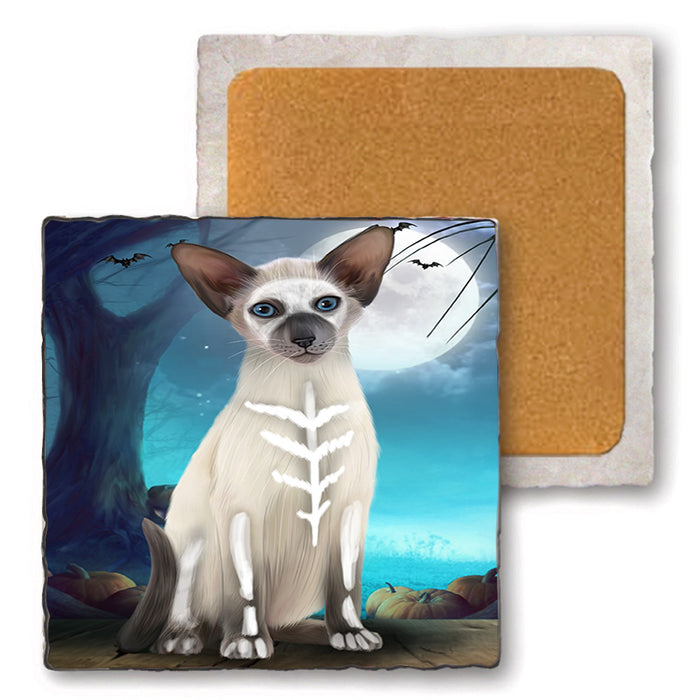 Happy Halloween Trick or Treat Oriental Blue Point Siamese Cat Set of 4 Natural Stone Marble Tile Coasters MCST49518