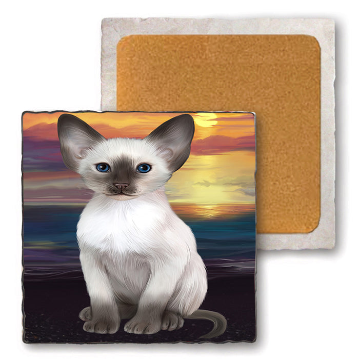 Sunset Oriental Blue Point Siamese Cat Dog Set of 4 Natural Stone Marble Tile Coasters MCST52171