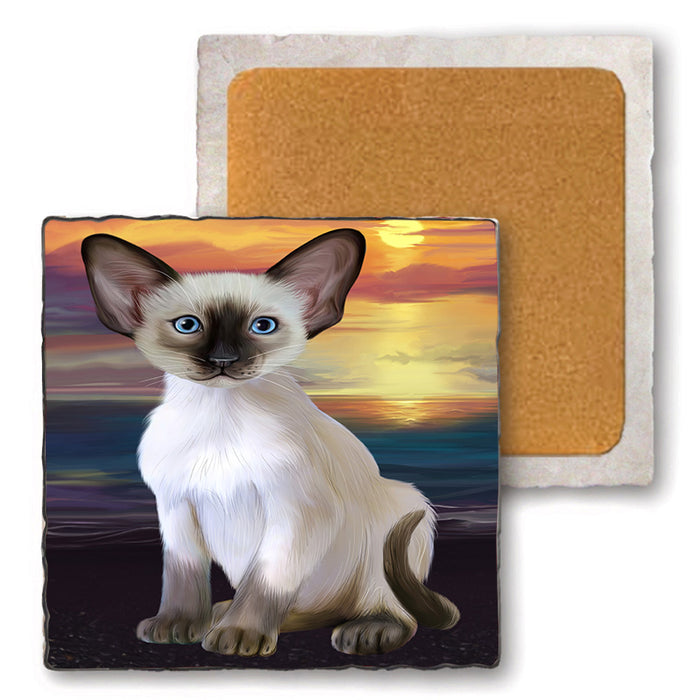 Sunset Oriental Blue Point Siamese Cat Dog Set of 4 Natural Stone Marble Tile Coasters MCST52172