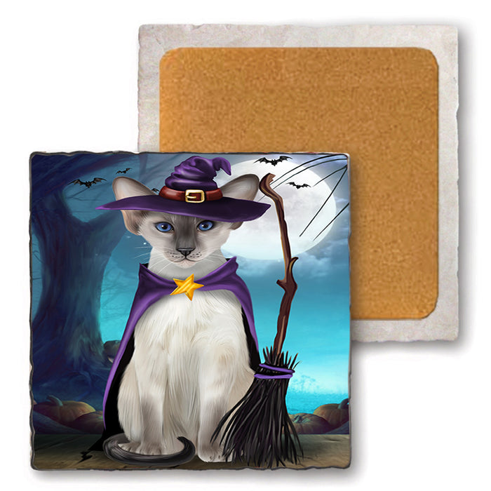 Happy Halloween Trick or Treat Oriental Blue Point Siamese Cat Set of 4 Natural Stone Marble Tile Coasters MCST49519