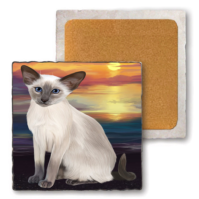 Sunset Oriental Blue Point Siamese Cat Dog Set of 4 Natural Stone Marble Tile Coasters MCST52173