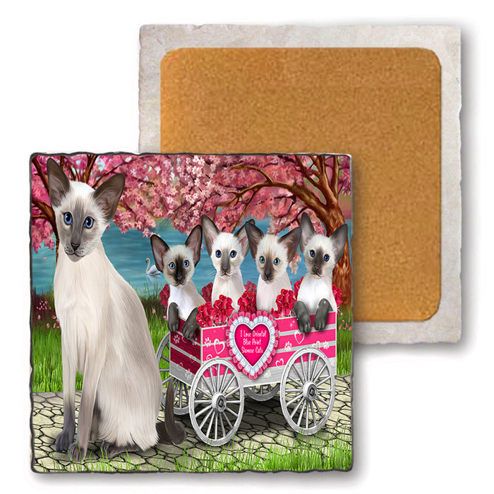 I Love Oriental Blue Point Siamese Cats in a Cart Set of 4 Natural Stone Marble Tile Coasters MCST52120