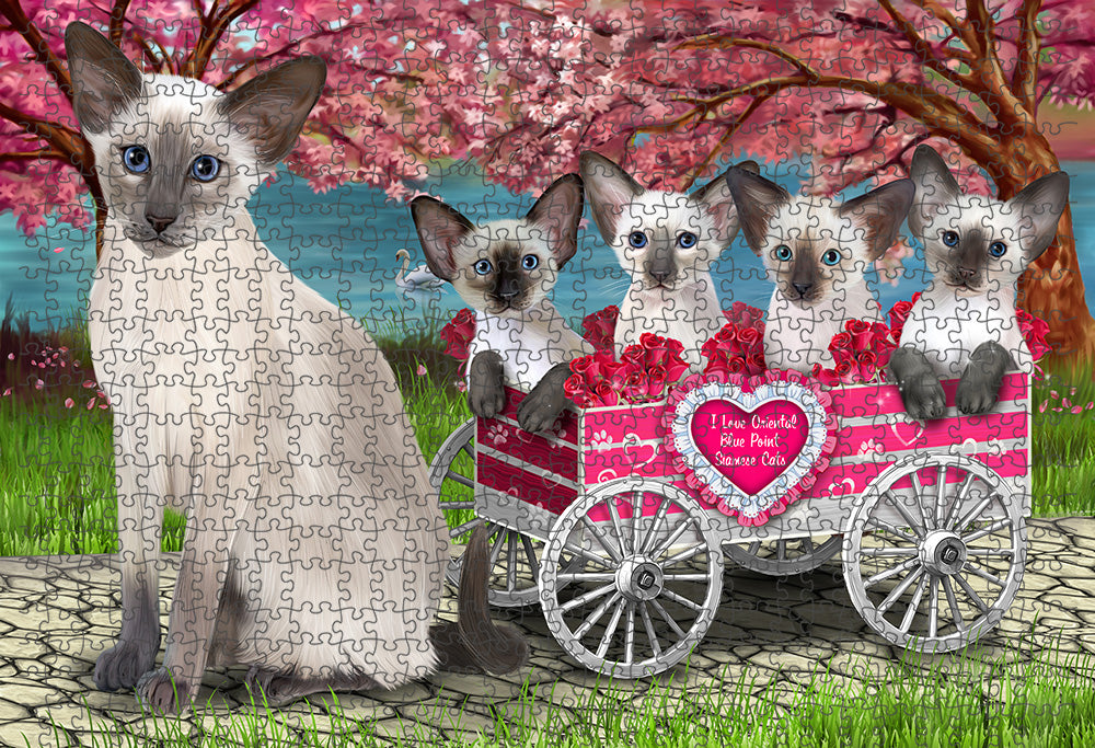 I Love Oriental Blue Point Siamese Cats in a Cart Portrait Jigsaw Puzzle for Adults Animal Interlocking Puzzle Game Unique Gift for Dog Lover's with Metal Tin Box