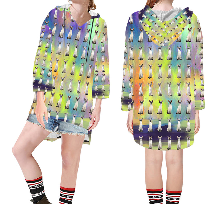 Paradise Wave Oriental Blue Point Siamese Cats Step Hem Women's Hoodie