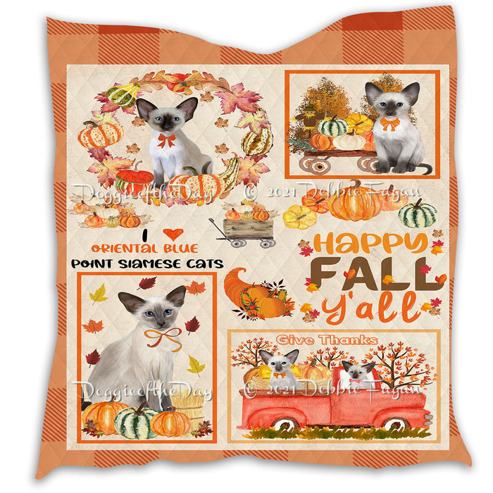 Happy Fall Y'all Pumpkin Oriental Blue Point Siamese Cats Quilt Bed Coverlet Bedspread - Pets Comforter Unique One-side Animal Printing - Soft Lightweight Durable Washable Polyester Quilt