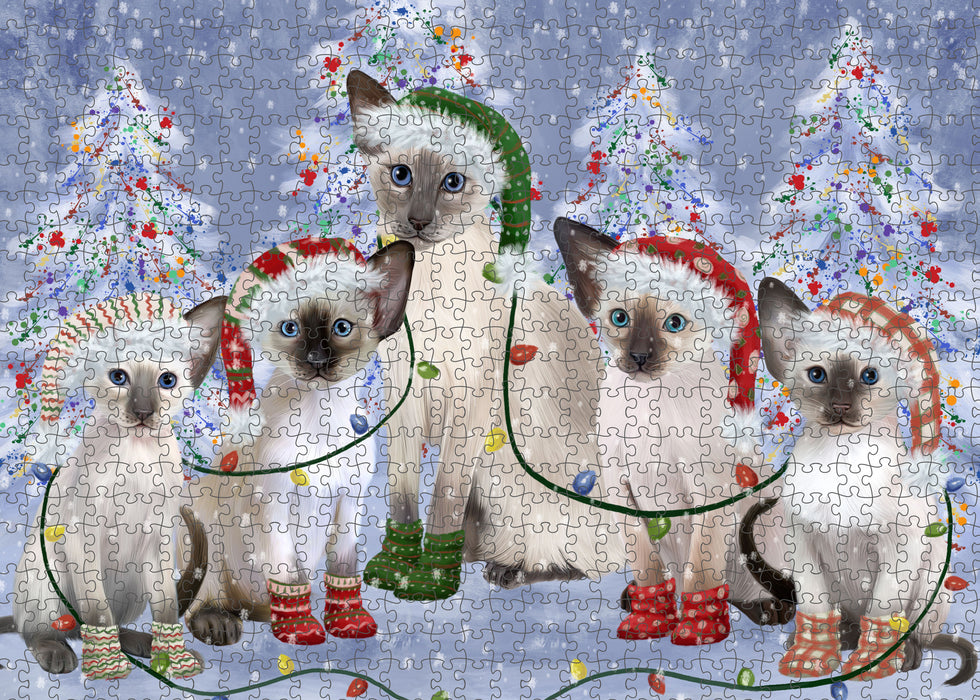 Christmas Lights and Oriental Blue Point Siamese Cats Portrait Jigsaw Puzzle for Adults Animal Interlocking Puzzle Game Unique Gift for Dog Lover's with Metal Tin Box
