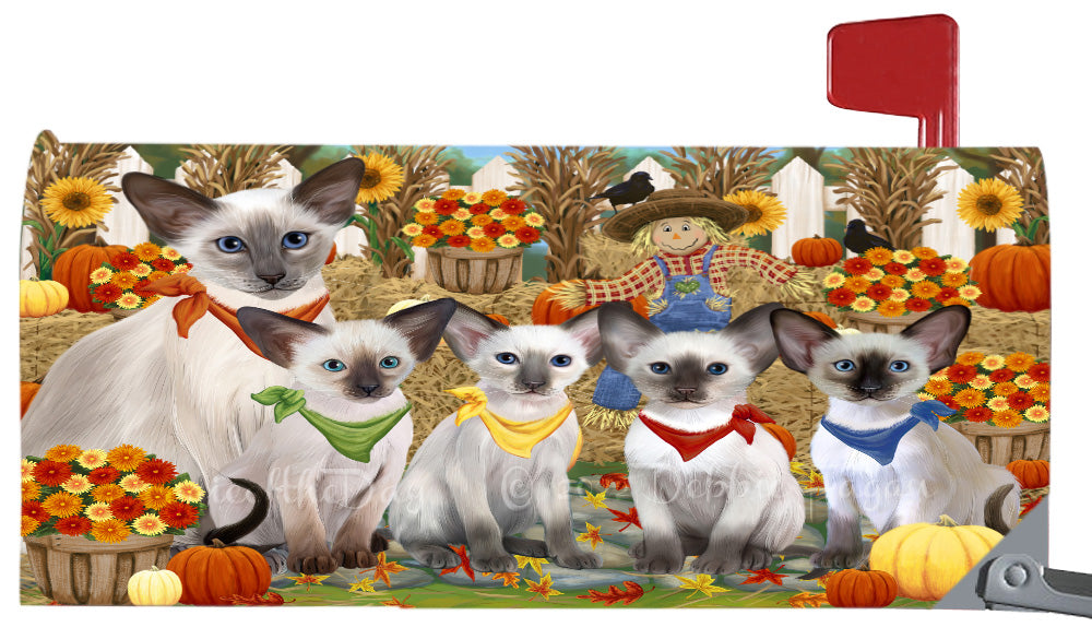 Fall Festival Gathering Oriental Blue-Point Siamese Cats Magnetic Mailbox Cover Both Sides Pet Theme Printed Decorative Letter Box Wrap Case Postbox Thick Magnetic Vinyl Material