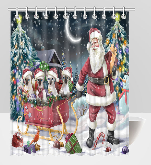 Santa Sled Dogs Christmas Happy Holidays Oriental Blue Point Siamese Cats Shower Curtain