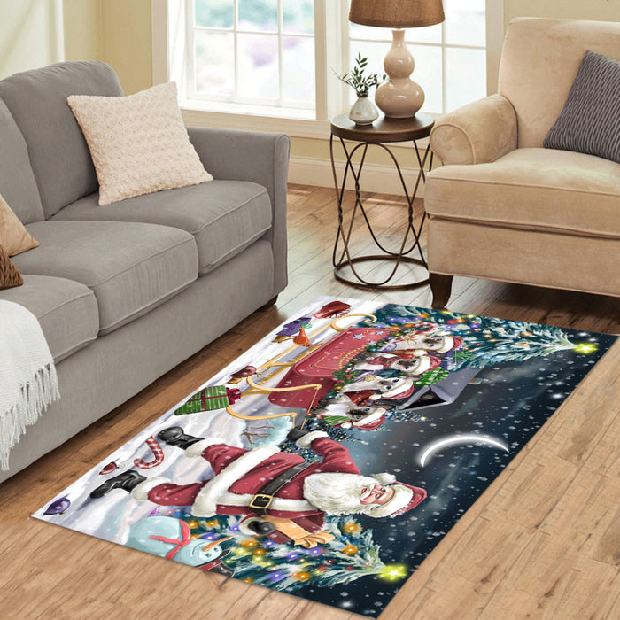 Santa Sled Dogs Christmas Happy Holidays Oriental Blue Point Siamese Cats Area Rug