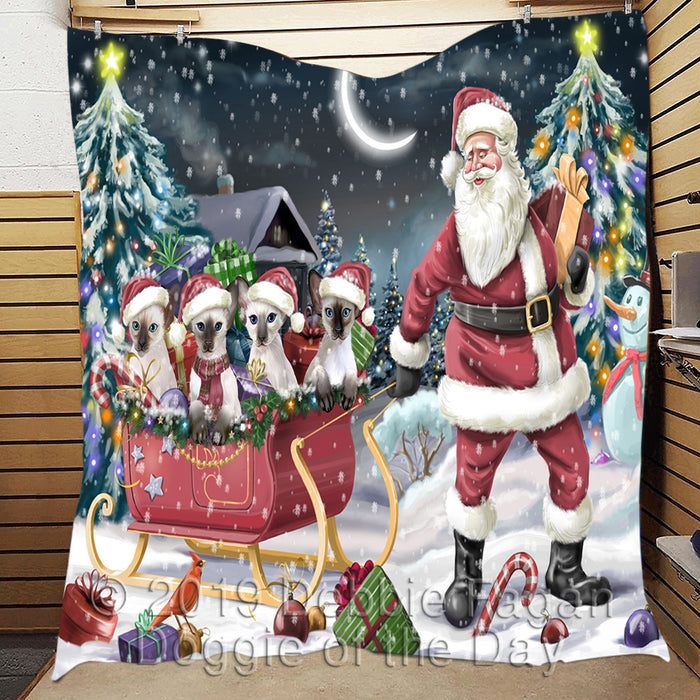Santa Sled Dogs Christmas Happy Holidays Oriental Blue Point Siamese Cats Quilt