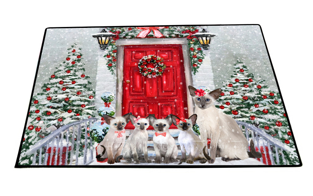 Christmas Holiday Welcome Oriental Blue Point Siamese Cats Floor Mat- Anti-Slip Pet Door Mat Indoor Outdoor Front Rug Mats for Home Outside Entrance Pets Portrait Unique Rug Washable Premium Quality Mat