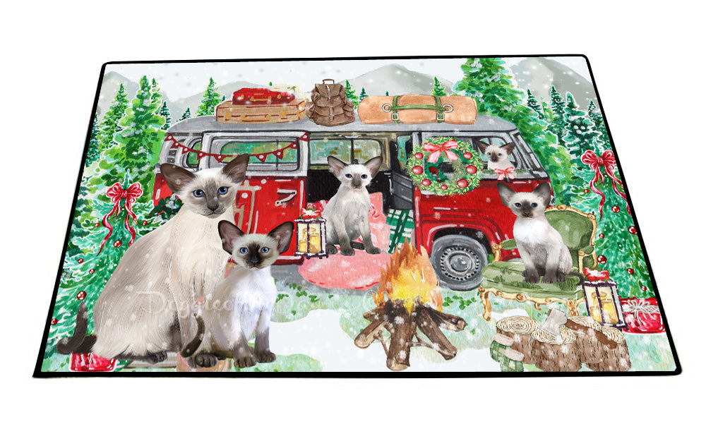 Christmas Time Camping with Oriental Blue Point Siamese Cats Floor Mat- Anti-Slip Pet Door Mat Indoor Outdoor Front Rug Mats for Home Outside Entrance Pets Portrait Unique Rug Washable Premium Quality Mat