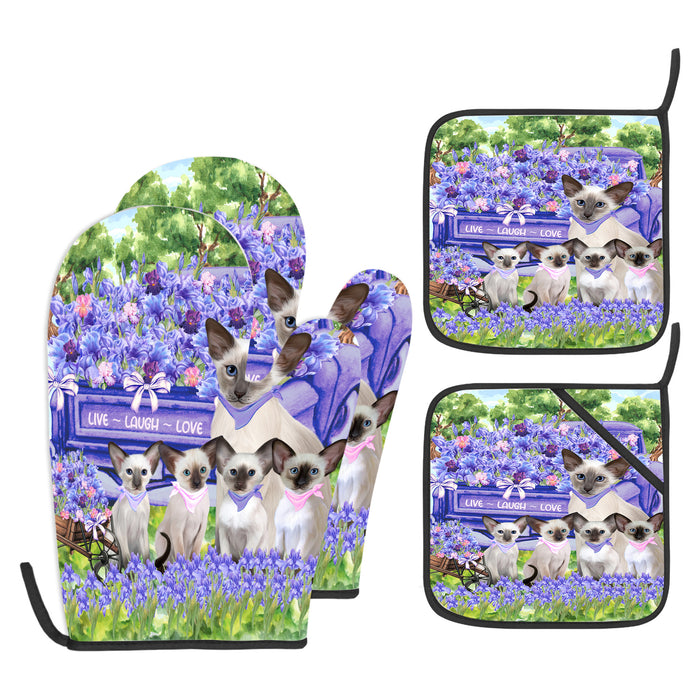 Oriental Blue-Point Siamese Oven Mitts and Pot Holder Set, Kitchen Gloves for Cooking with Potholders, Explore a Variety of Designs, Personalized, Custom, Cat Moms Gift