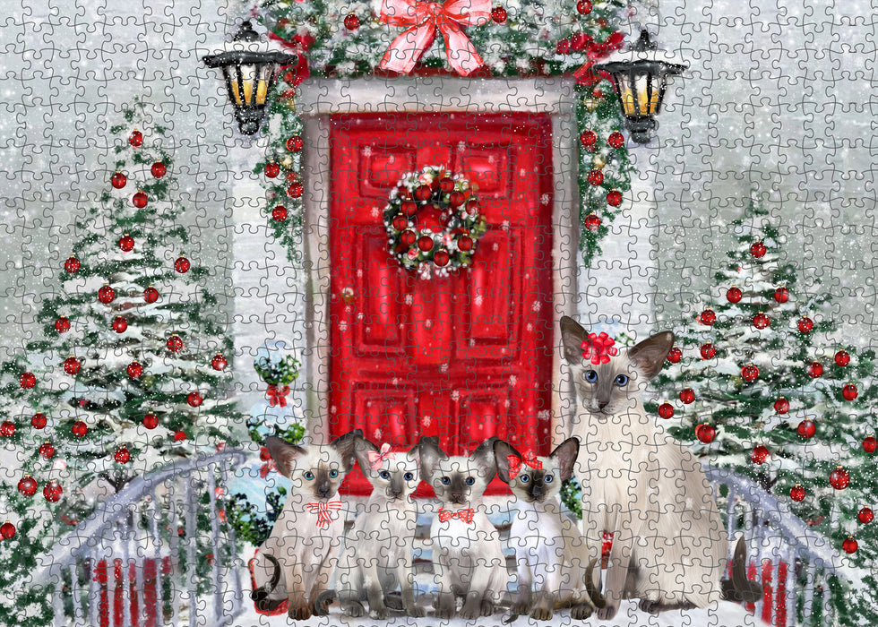 Christmas Holiday Welcome Oriental Blue Point Siamese Cats Portrait Jigsaw Puzzle for Adults Animal Interlocking Puzzle Game Unique Gift for Dog Lover's with Metal Tin Box