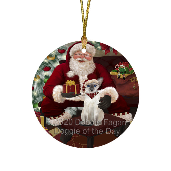 Santa's Christmas Surprise Oriental Blue-Point Siamese Cat Round Flat Christmas Ornament RFPOR58044