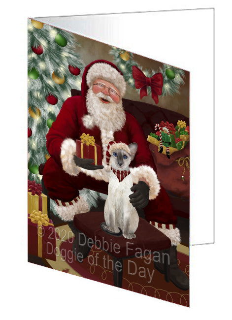 Santa's Christmas Surprise Oriental Blue-Point Siamese Cat Handmade Artwork Assorted Pets Greeting Cards and Note Cards with Envelopes for All Occasions and Holiday Seasons