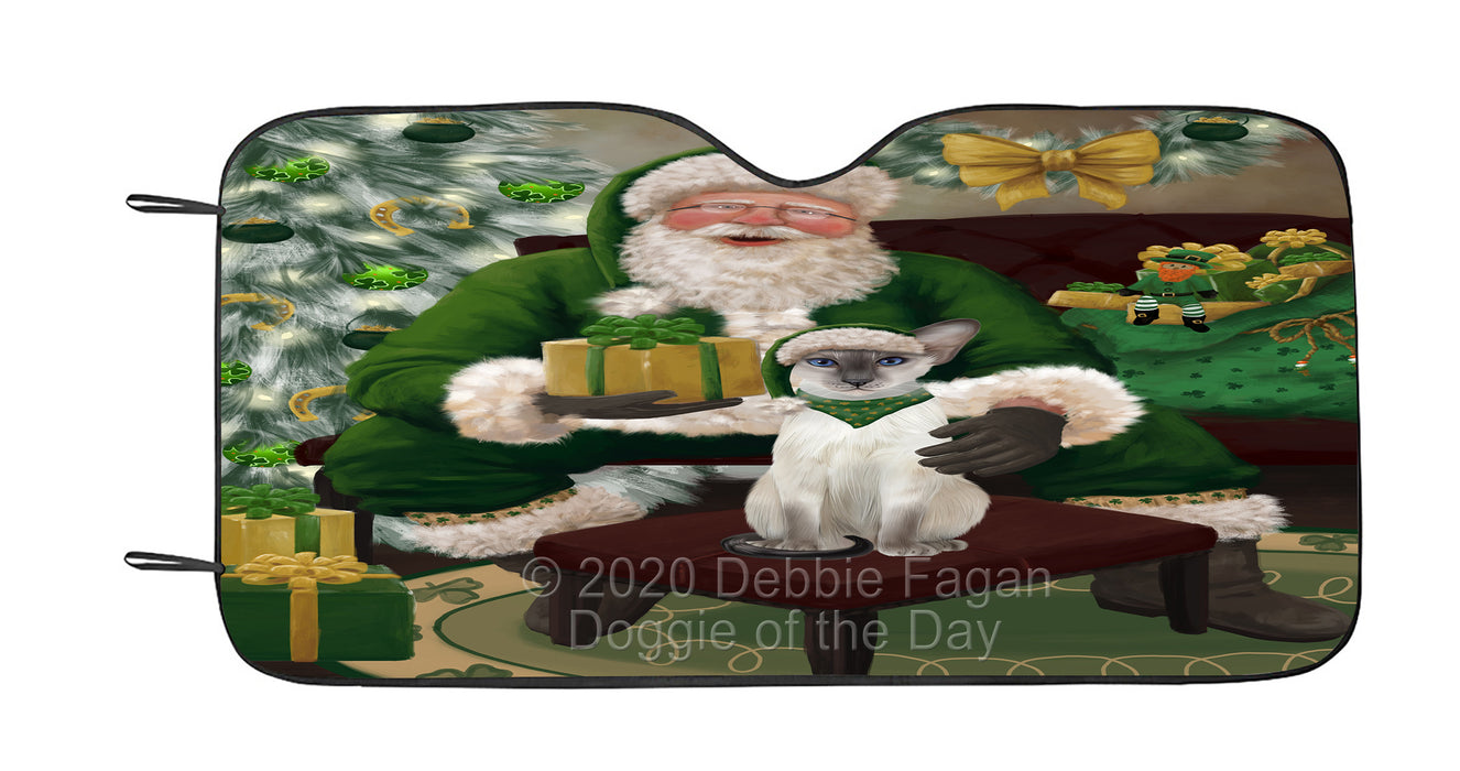 Christmas Irish Santa with Gift and Oriental Blue-Point Siamese Cat Car Sun Shade Cover Curtain