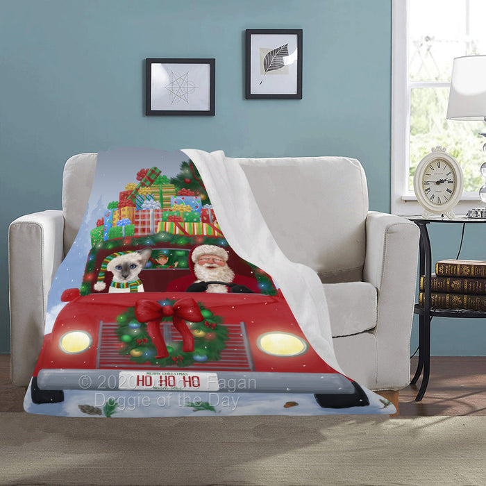 Christmas Honk Honk Red Truck Here Comes with Santa and Oriental Blue-Point Siamese Cat Blanket BLNKT140948