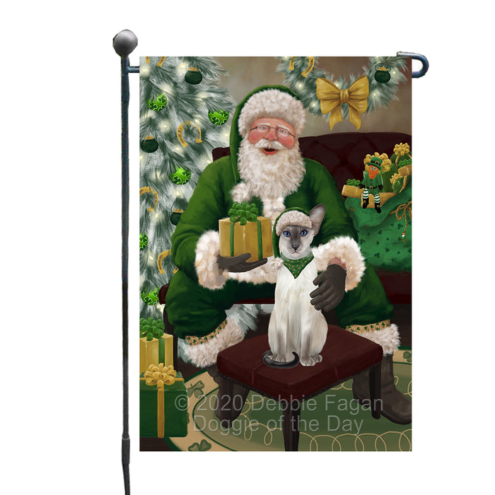 Christmas Irish Santa with Gift and Oriental Blue-Point Siamese Cat Garden Flag GFLG66661