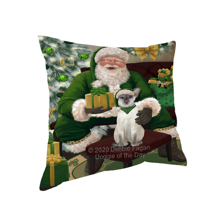 Christmas Irish Santa with Gift and Oriental Blue-Point Siamese Cat Pillow PIL86864