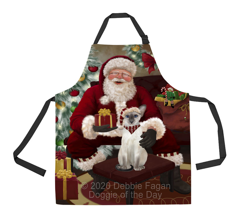 Santa's Christmas Surprise Oriental Blue-Point Siamese Cat Apron - Adjustable Long Neck Bib for Adults - Waterproof Polyester Fabric With 2 Pockets - Chef Apron for Cooking, Dish Washing, Gardening, and Pet Grooming