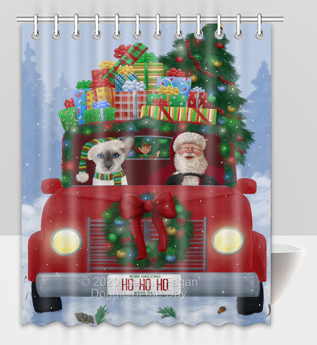 Christmas Honk Honk Red Truck Here Comes with Santa and Oriental Blue-Point Siamese Cat Shower Curtain Bathroom Accessories Decor Bath Tub Screens SC058