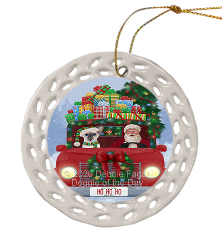 Christmas Honk Honk Red Truck with Santa and Oriental Blue-Point Siamese Cat Doily Ornament DPOR59367