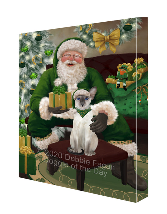 Christmas Irish Santa with Gift and Oriental Blue-Point Siamese Cat Canvas Print Wall Art Décor CVS147851