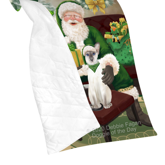 Christmas Irish Santa with Gift and Oriental Blue-Point Siamese Cat Quilt Bed Coverlet Bedspread - Pets Comforter Unique One-side Animal Printing - Soft Lightweight Durable Washable Polyester Quilt