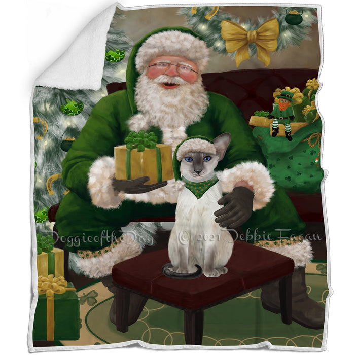 Christmas Irish Santa with Gift and Oriental Blue-Point Siamese Cat Blanket BLNKT141433