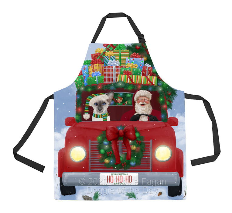 Christmas Honk Honk Red Truck Here Comes with Santa and Oriental Blue-Point Siamese Cat Apron Apron-48224