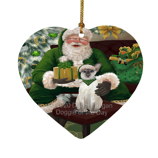 Christmas Irish Santa with Gift and Oriental Blue-Point Siamese Cat Heart Christmas Ornament RFPOR58287