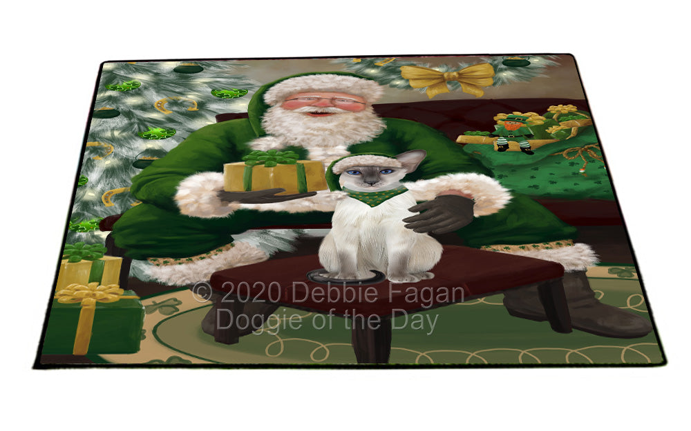 Christmas Irish Santa with Gift and Oriental Blue-Point Siamese Cat Indoor/Outdoor Welcome Floormat - Premium Quality Washable Anti-Slip Doormat Rug FLMS57208