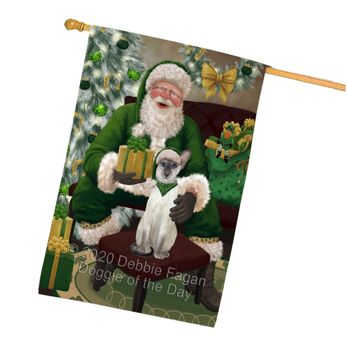 Christmas Irish Santa with Gift and Oriental Blue-Point Siamese Cat House Flag FLG66717