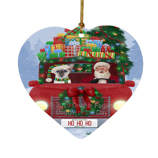 Christmas Honk Honk Red Truck Here Comes with Santa and Oriental Blue-Point Siamese Cat Heart Christmas Ornament RFPOR58190